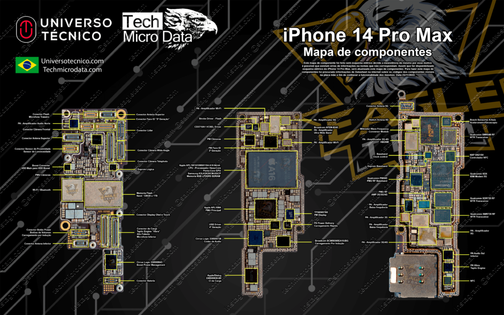 Mapa de componentes iPhone 14 Pro Max Eagle team, universotecnico.com, techmicrodata.com